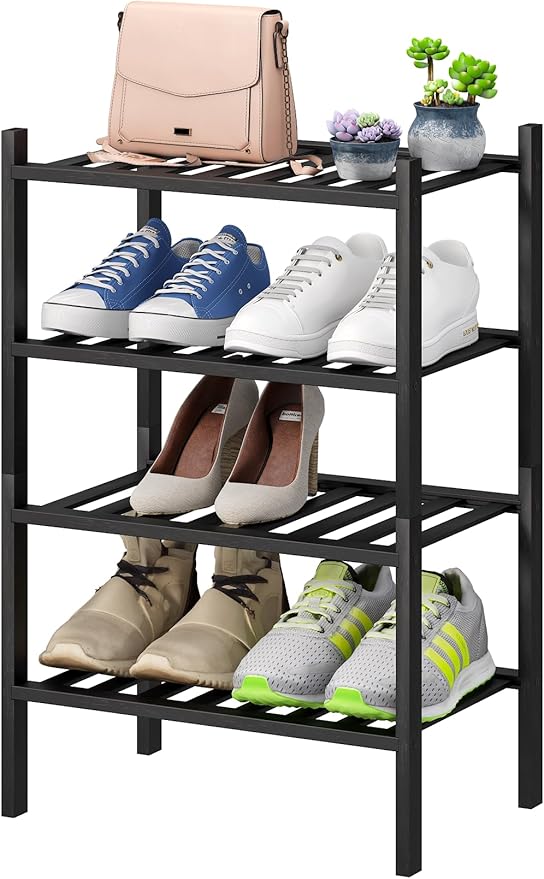 Black Small Shoe Rack for Entryway, 4-Tier Bamboo Shoe Organizer for Hallway by VIEWCARE