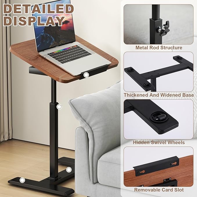 Solid Wood C-Shaped Side Table, 360° Rotating TV Tray Table, Height-Adjustable - Image 4