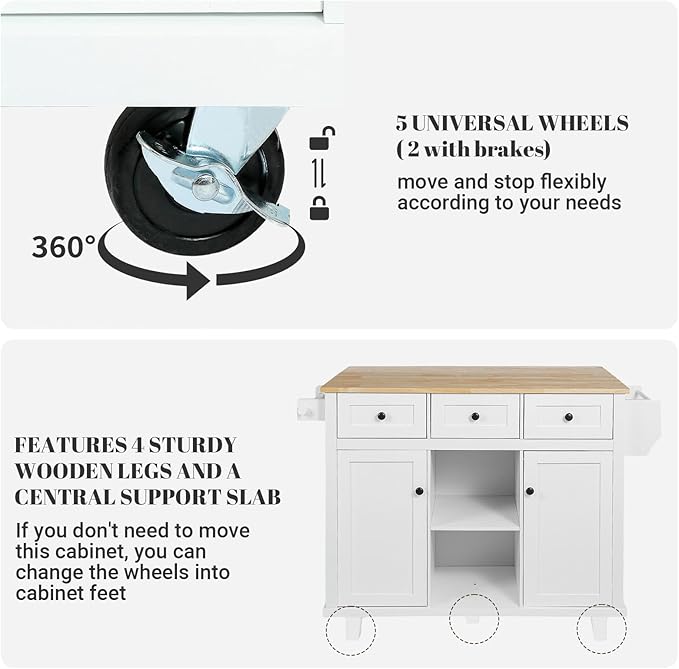 Rovibek Kitchen Island with Drawers 53 in Rolling Island Cart Mobile Solid Wood - Image 7