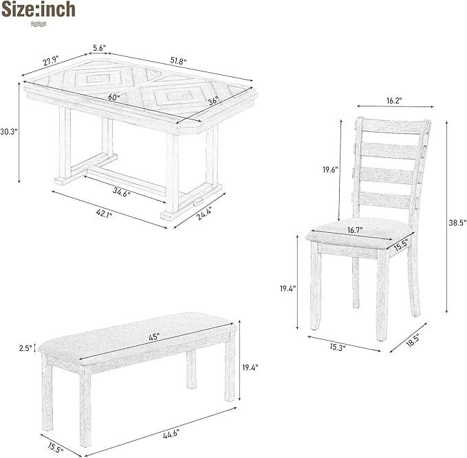 Merax 6-Piece Rubber Wood Dining Table Set - Image 2