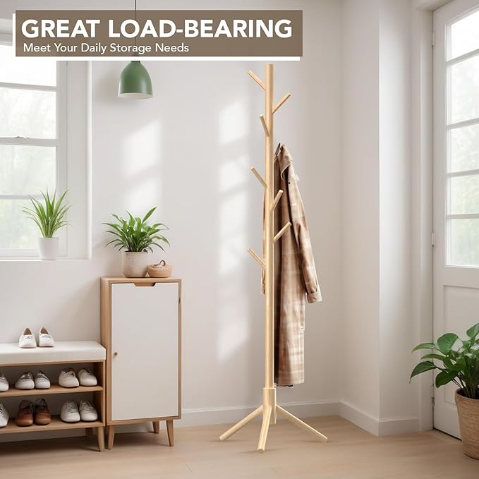 Wooden Tree Coat Rack Stand, Sturdy Freestanding Coat Rack - Image 2