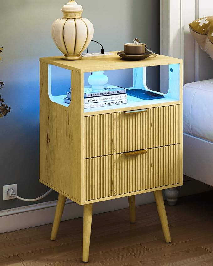 Nightstand with Charging Station and LED Lights, Modern Bedside Table with 2 by JOONEE