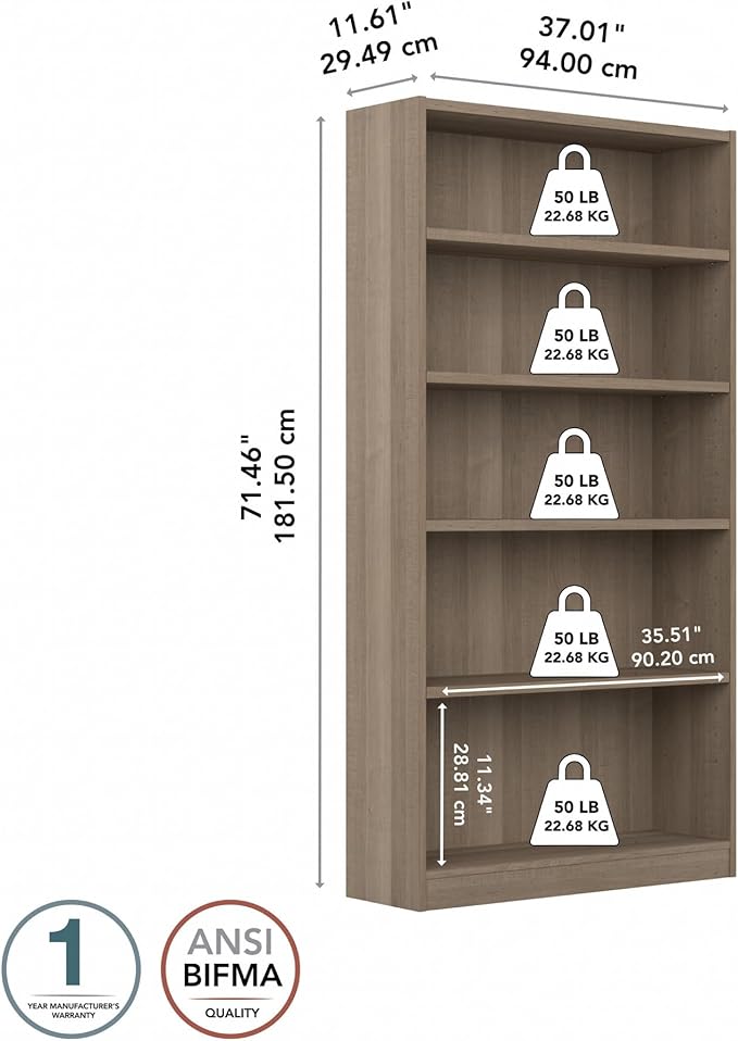 Bush Furniture Universal Tall 5 Shelf Bookcase in Ash Gray - Image 8