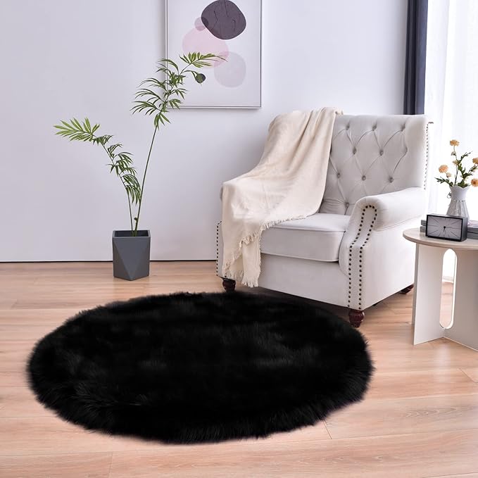 duduta Black Faux Sheepskin Round Rug 4x4 ft, Fluffy Shag Fur Bedroom Nursery by Duduta