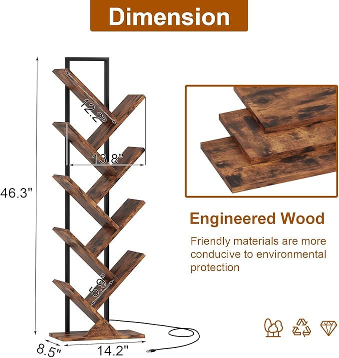 Tree Book Shelf with LED Lights, 9 Tier Floor Standing Bookcase, Classical - Image 2