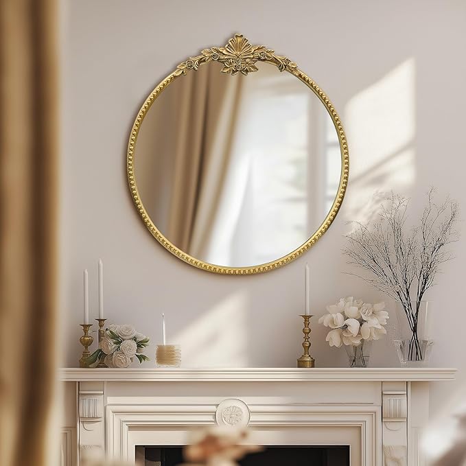 Round Gold Mirror, 28inch Baroque Style Vintage Decorative Circle Wall Mirror - Image 3