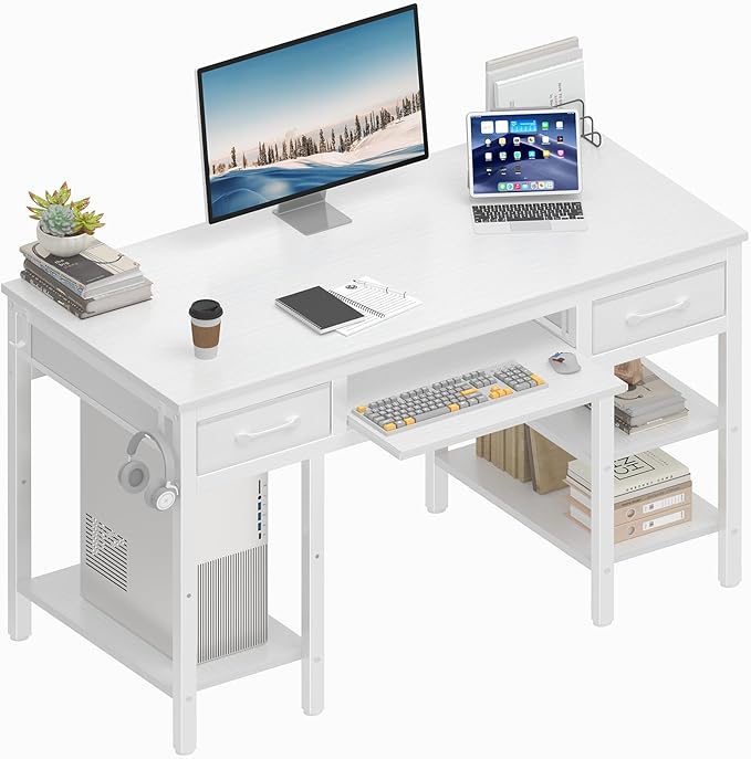 Lufeiya White Desk with Keyboard Tray Slide Out, 47 Inch Home Office Computer by LUFEIYA