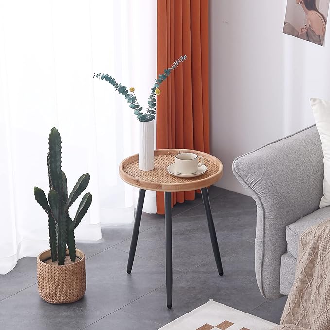 Tiita Rattan Round End Table Mental Side Table Nightstand/Small Wood Tables - Image 8