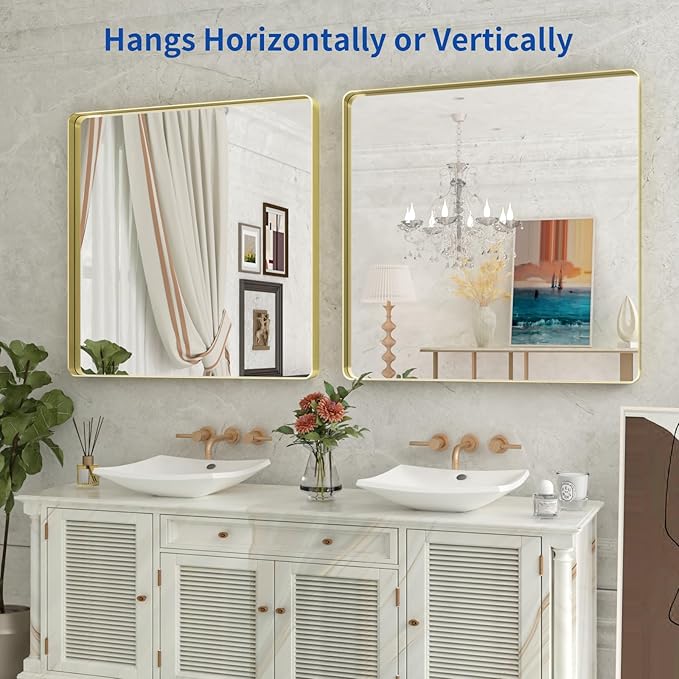 WEER Gold Bathroom Mirror, 36X36 Inch Brushed Metal Frame, Rounded Rectangle - Image 5