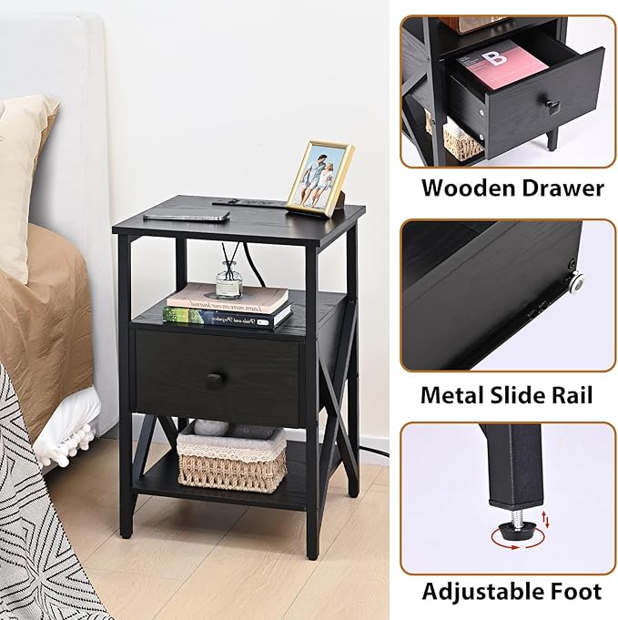 Side Tables with Charging Station, Nightstands with Wood Drawer, Night Stand - Image 6