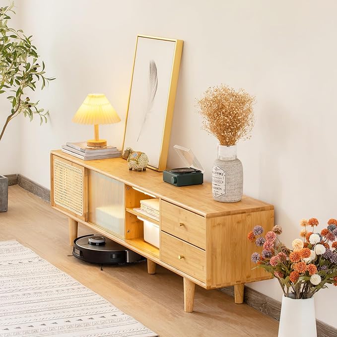 Tiita Rattan TV Stand for 55 65 Inch TV, Bamboo TV Cabinet - Image 7