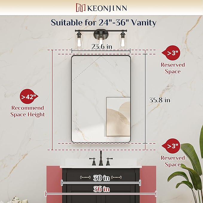Keonjinn Black Bathroom Mirror for Vanity 24 x 36 Inch Metal Framed Wall Mirror - Image 5