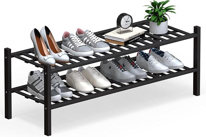 Haddockway Long 2 Tier Bamboo Shoe Rack Storage Organizer, Small Space by Haddockway