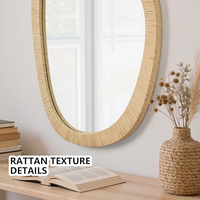 H HOMEWINS Rattan Mirror for Wall, 31.5'' x 25.2" Wooden Framed Farmhouse Boho - Image 2