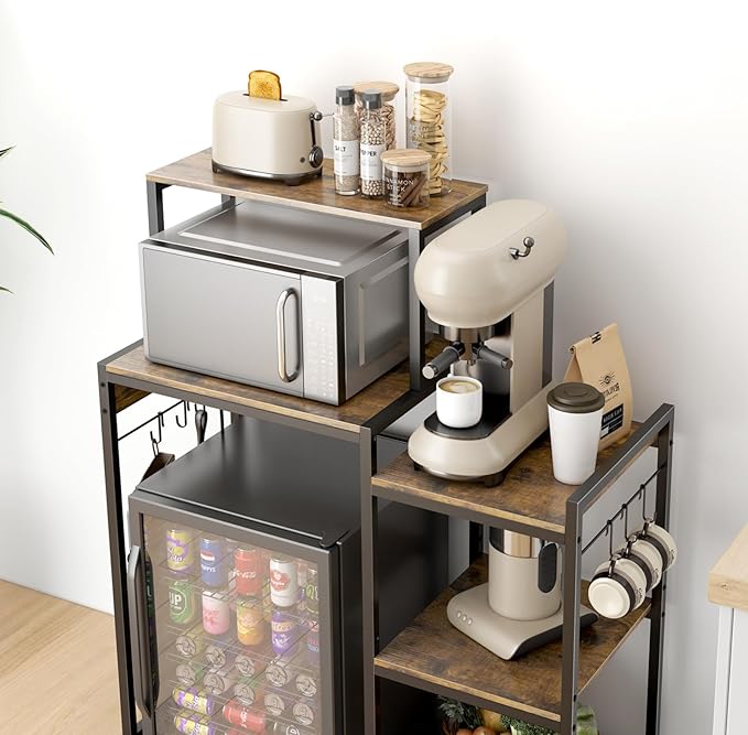 Mini Fridge Cabinet with Storage Shelves, Microwave Stand with Power Outlet - Image 7