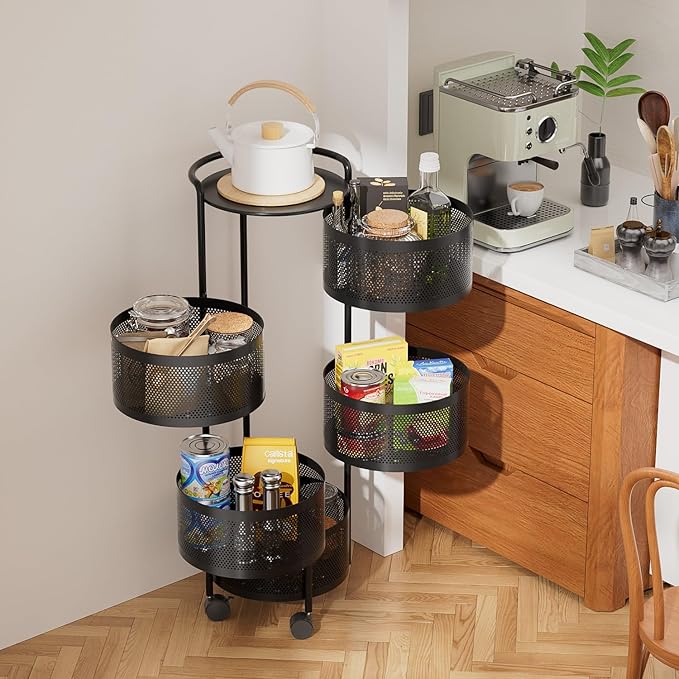JAQ Rotating Fruit Basket, 5-Tier Metal Sturdy Kitchen Storage Rack Shelf Carts - Image 2