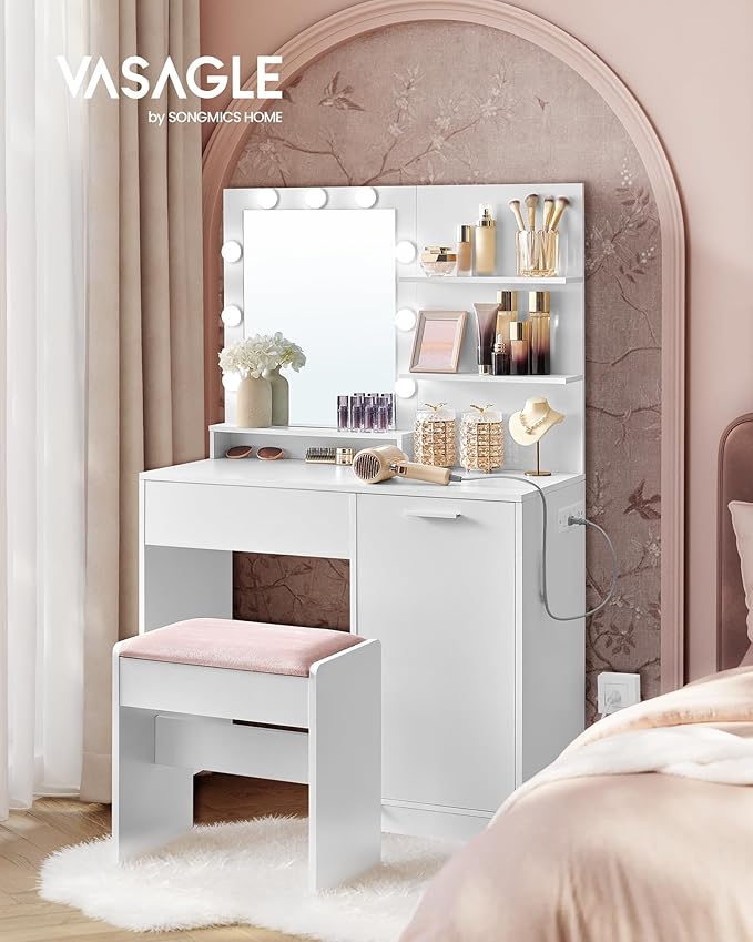 VASAGLE Vanity Desk with Mirror and Lights, 35.4-Inch Wide Makeup Vanity with - Image 2