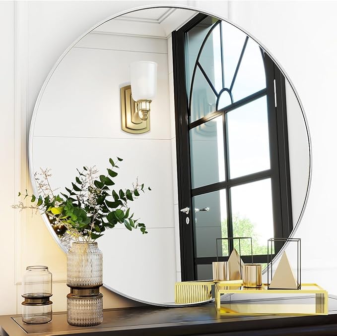 Silver Round Bathroom Mirror, 30 inch Circle Wall Mounted Hanging Mirror by VooBang