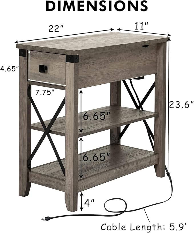 Narrow End Table with Charging Station Farmhouse Slim Side Table with USB Ports - Image 3