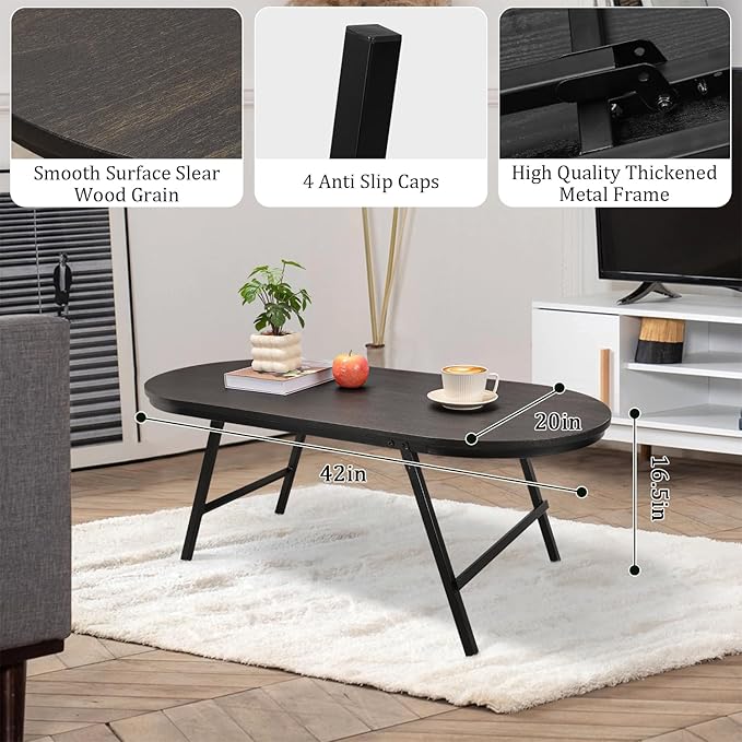 Small Oval Coffee Table Wood and Metal Folding Low Coffee Tables - Image 5