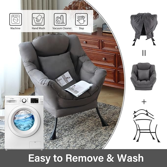 Lazy Chair with Pillow for Living Room, Modern Lounge Accent Chair with Armrests - Image 7