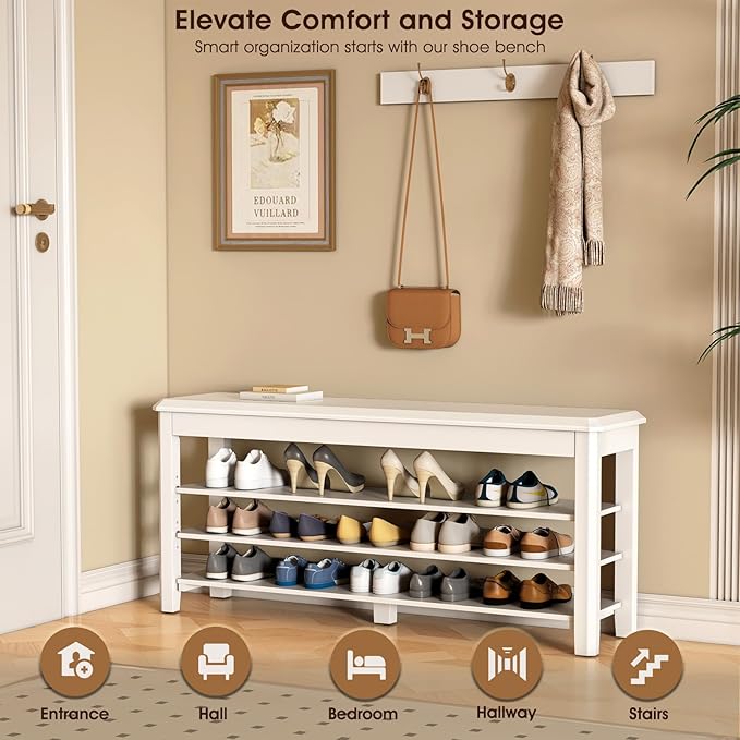 Shoe Rack Bench Seat Rubberwood 3-Tier Wooden Storage Bench 550lbs Compact - Image 3