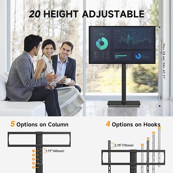 Tall Floor TV Stand for 32-75" TV Portable Rolling TV Cart - Image 5