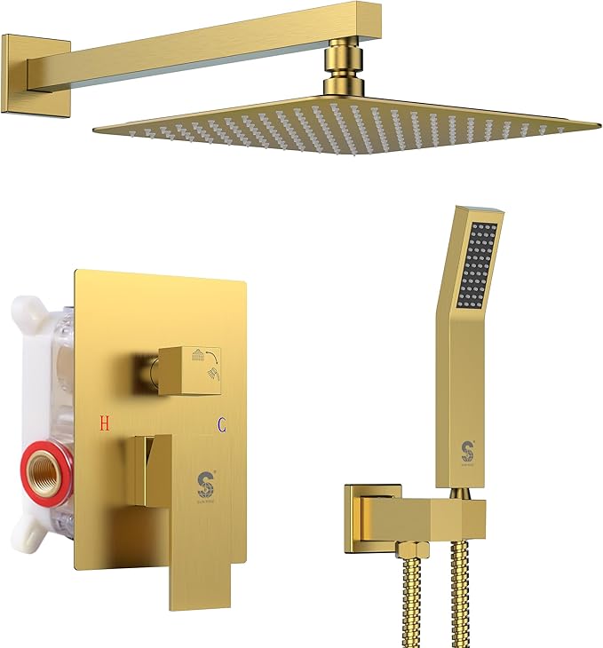 SR SUN RISE Shower Faucets Sets Complete Brushed Gold Square Rain Shower Head by SRSUNRISE