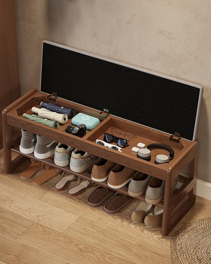 Shoe Rack Bench with Cushion, 2 Tiers Shoe Bench with Flip-Top Storage by AQIMUELE-Solidwoodfurniture