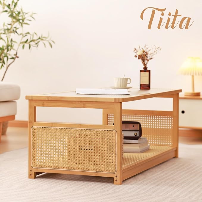 Tiita Coffee Tables for Living Room，Mid Century Modern Storage 2-Tier Coffee - Image 7