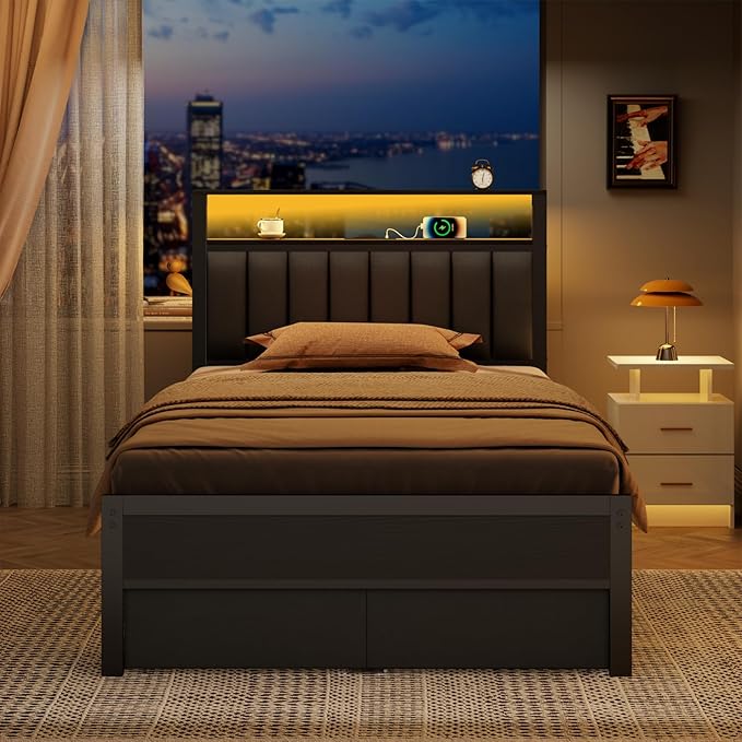 Furnulem Twin Bed Frames with Charging Station and LED Lights, Metal Platform - Image 5