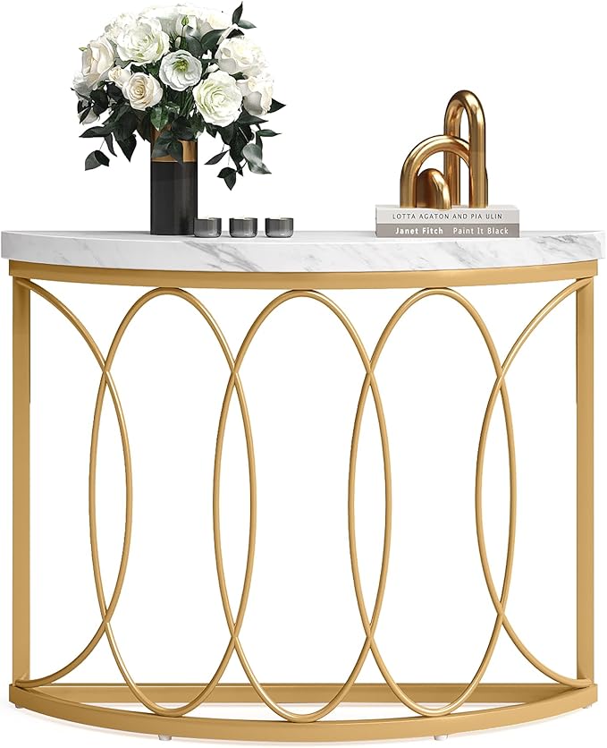 LITTLE TREE Half Moon Gold Console Table, 43 Inch Modern Faux Marble Entryway by LITTLETREE