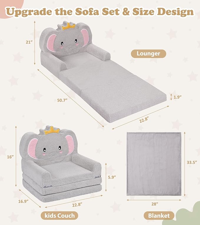 Kids Couch, 2-in-1 Soft Toddler Couch Fold Out - Image 3