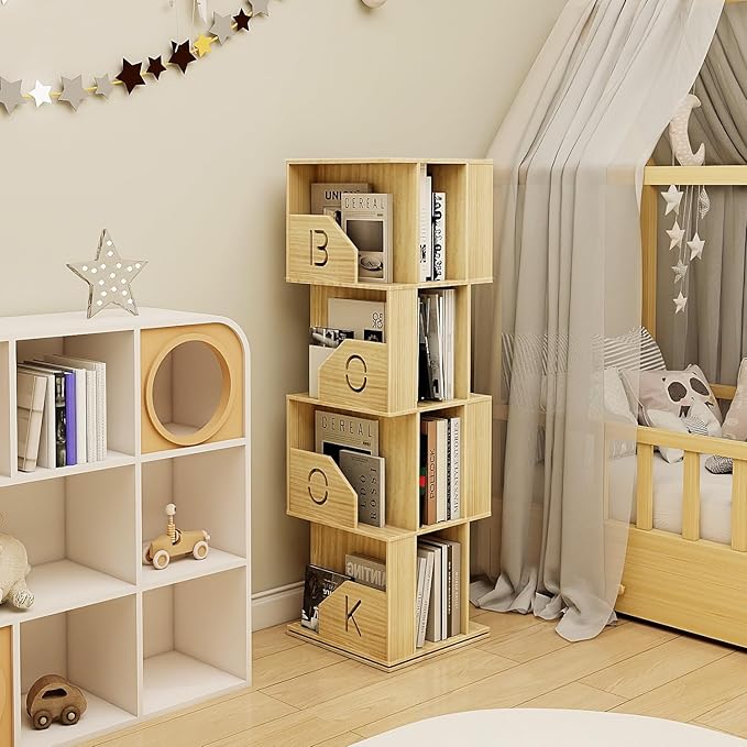 4 Tier Kids Rotating Bookshelf, Premium Pine Wood Space Saving Bookshelf Holds - Image 7