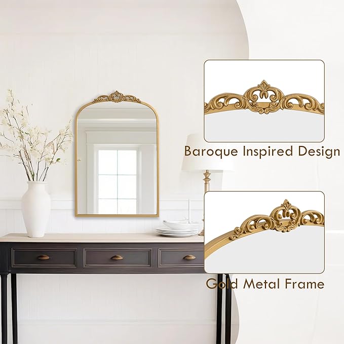 1 Set Vintage Mirror 20x30 Gold Antique Baroque Arched Ornate Traditional Brass - Image 4