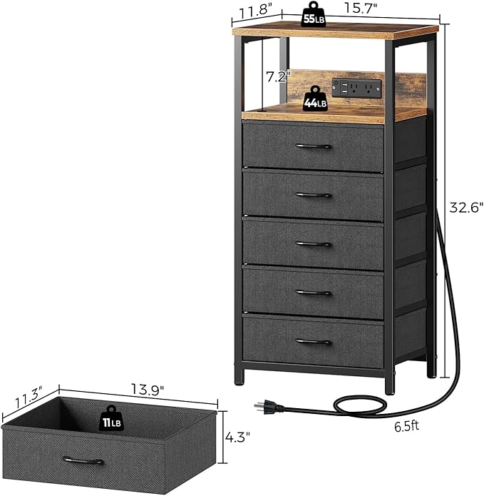 Seventable Night Stand with Charging Station, Tall Nightstand with 5 Fabric - Image 3