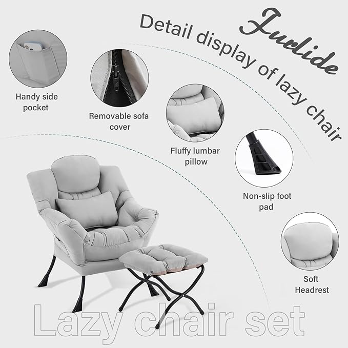 Lazy Chair with Ottoman, Modern Lounge Chair with Lumbar Pillow, Accent Cozy - Image 6