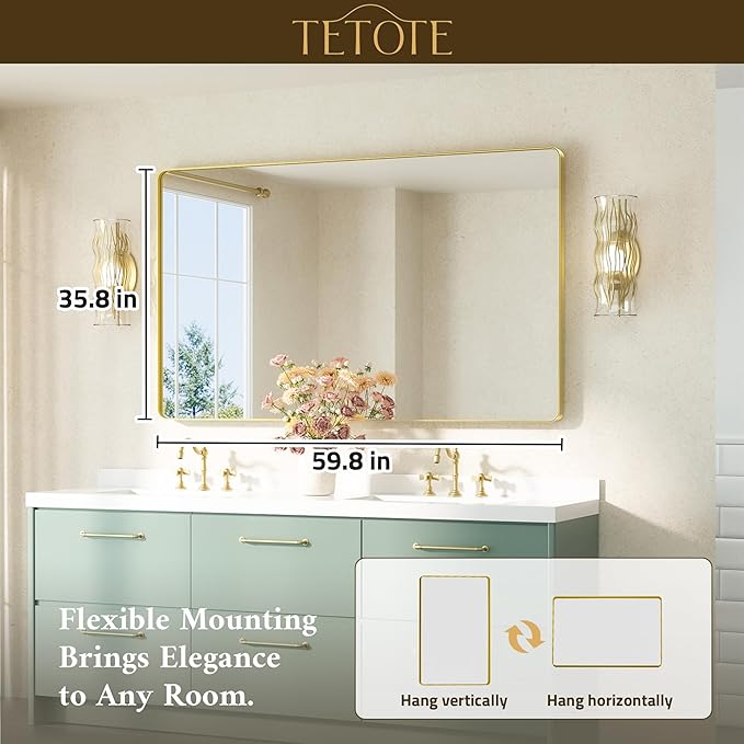 TETOTE 60 x 36 Gold Mirror Brushed Gold Metal Framed Bathroom Mirror, Tempered - Image 7