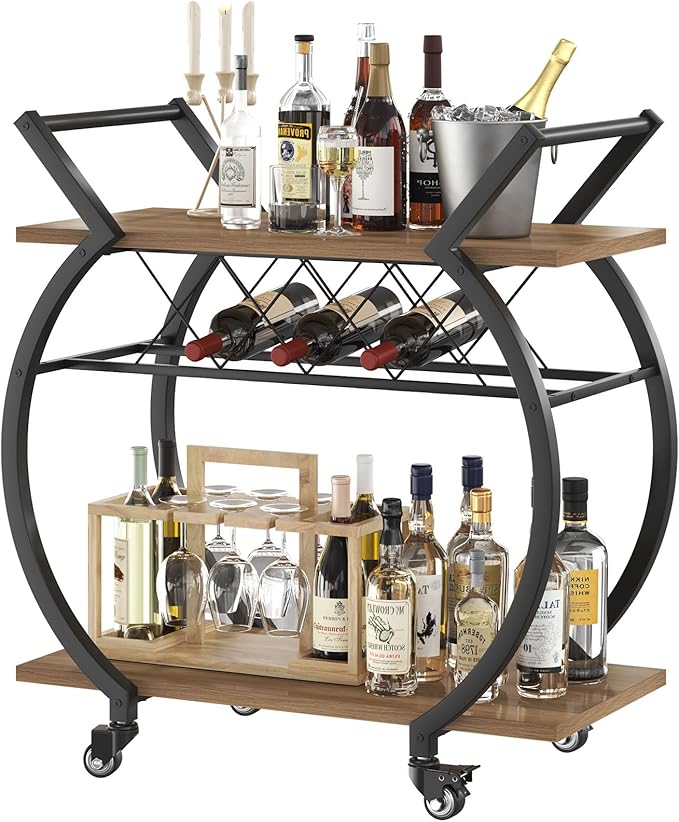 LVB Bar Cart with Wine Rack, 2 Tier Kitchen Cart on Wheels, Modern Wood and by LVB