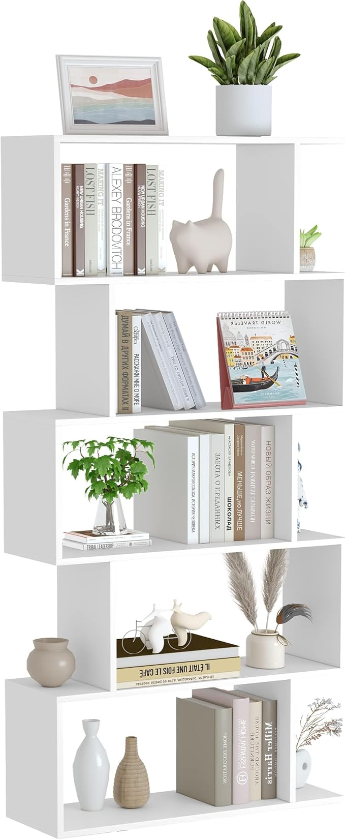 Yusong Bookshelf 5-Tier, Geometric Bookcase S Shaped Book Shelves by Yusong