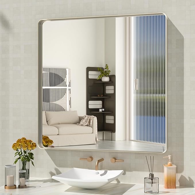 WEER 36X36 Inch Brushed Nickel Bathroom Mirror, Brushed Silver Metal Frame by WEER