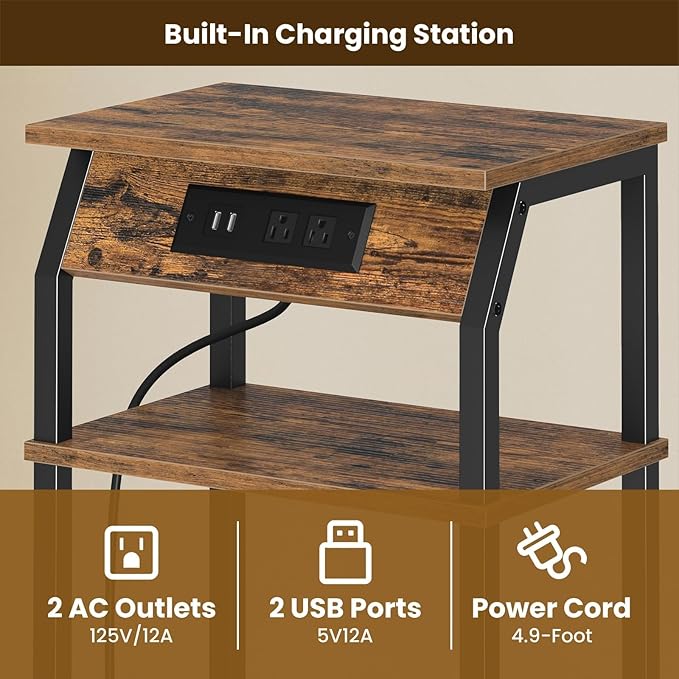 Tall Side Table with Storage, 3-Tier Small End Table with Charging Station - Image 4