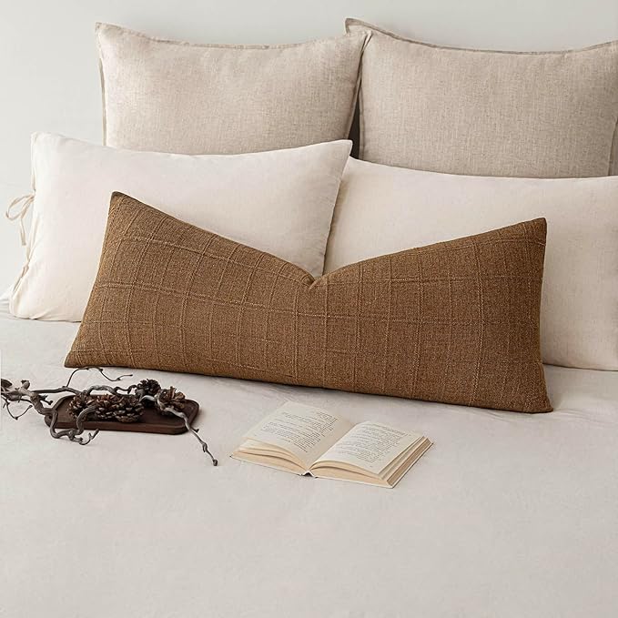Foindtower Set of 2 Decorative Linen Check Throw Pillow Covers Neutral Long - Image 6