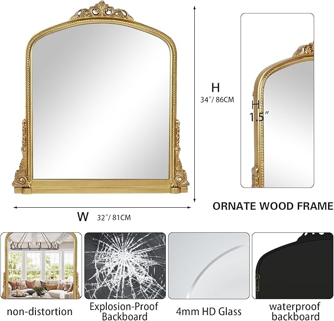 Traditional Ornate Arched Wall Mirror Baroque Vintage Framed Bathroom Vanity - Image 3