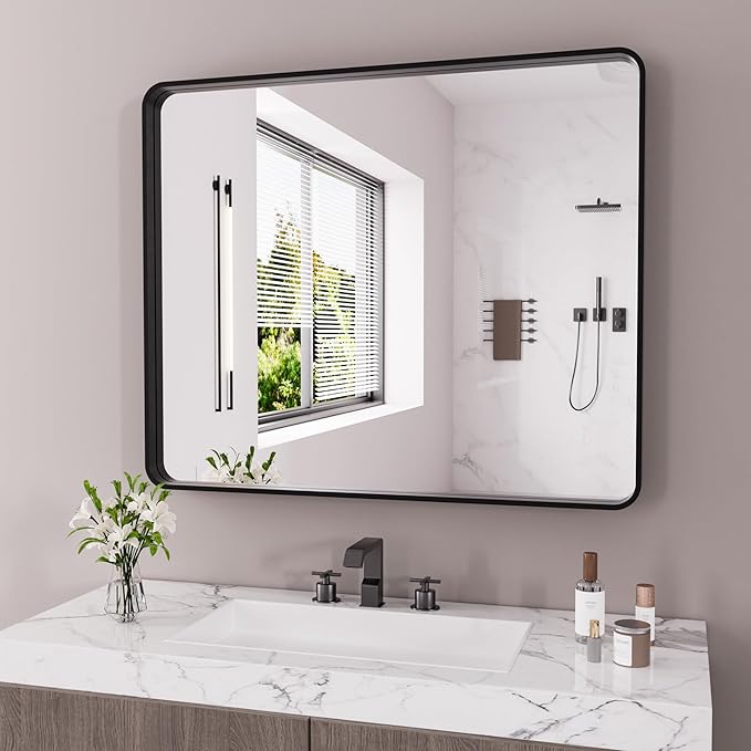 Black Bathroom Mirror 48X40 Inch, Rounded Rectangle Matte Bathroom Vanity Mirror by JISOSO