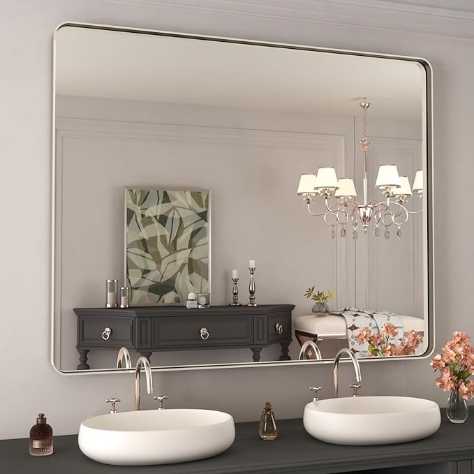 WEER 40X32 Inch Brushed Nickel Bathroom Mirror, Brushed Silver Metal Frame by WEER