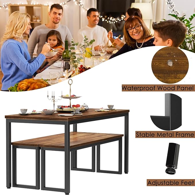soges Kitchen Table Set with 2 Benches, Bench Dining Table Set - Image 5