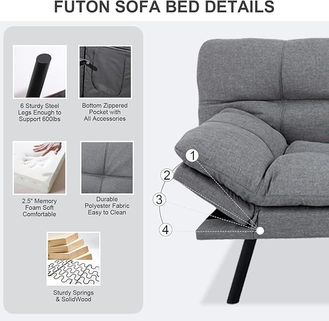 Vipbear Futon Sofa Bed Couch, Space-Saving Loveseat - Image 4