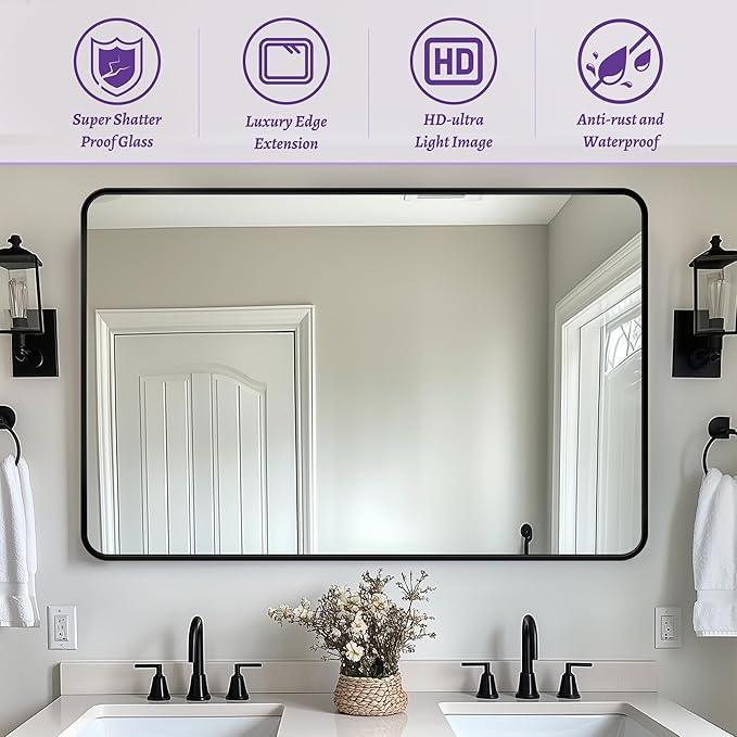Bathroom Mirror, Rectangular Aluminum Alloy Frame Contemporary Hanging Mirror - Image 4