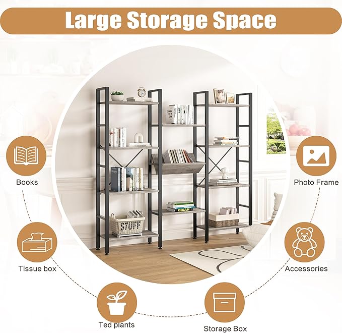 Shintenchi Industrial Bookcase, 71.6” Triple 4 Tier Bookshelf - Image 3